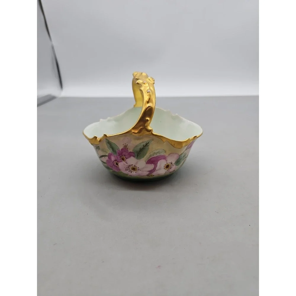 Antique J.P. L. France Limoges Hand Painted Floral Porcelain Basket Gold Trim